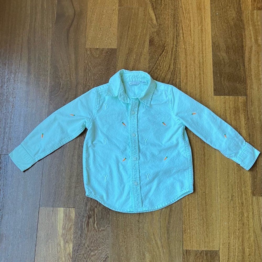Janie and Jack Mint Green Button-Down Shirt with Bunny and Carrot Embroidery